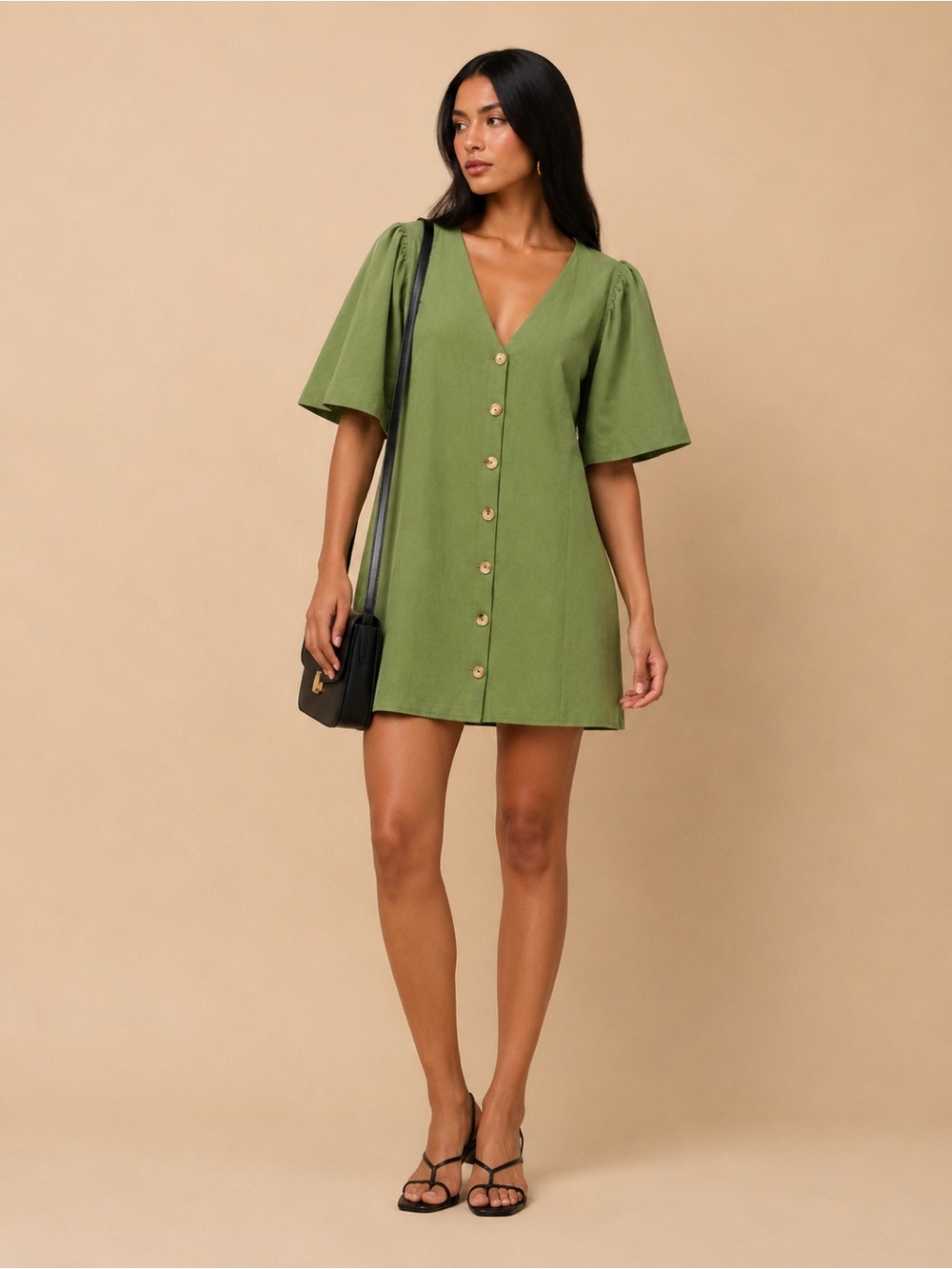Topshop Olive Green V-Neck Button Mini Dress-Like new!!✨fabulous design
